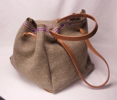 Bill Amberg Designer Leather & Tweed Holdall / Handbag / Bucket Bag / Drawstring - Image 1 of 4
