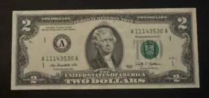 2009 Two Dollar Bill Fancy Serial Number 11143530  Cool Index 92.9 - Picture 1 of 2