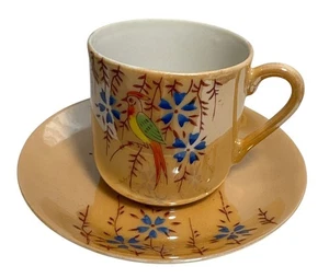 Lusterware Tea Cup & Saucer Japan Hand Painted Parrot Bird Blue Floral Orange - Picture 1 of 10