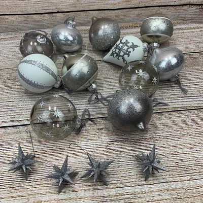 Sparkling Silver Christmas Ornaments Set Of 15 Glitter Star Bell Round Finial - Image 1 of 4