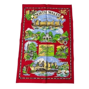 Toalla de té de recuerdo vintage del norte de Gales algodón rojo mapa turístico de viaje del Reino Unido - Imagen 1 de 7