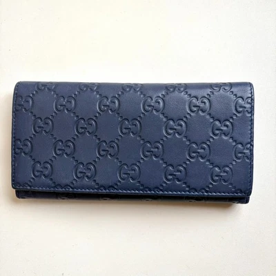 GUCCI Cartera Larga de Cuero Auténtico Gucci Sima Azul Marino Foto 1 de 4