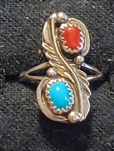 Sterling Silber Türkis & Koralle Indianer Ring Gr. 7 signiert 925 - Bild 1 von 16