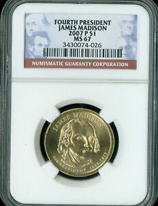 2007-P JAMES MADISON DOLLAR NGC MS67 BUSINESS STRIKE ONLY 1 FINER  AUCTION  *