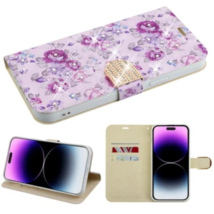 iPhone 14 Pro Max Purple Flowers Leather Wallet Case Card Slot Folio Clip Stand - Picture 1 of 5