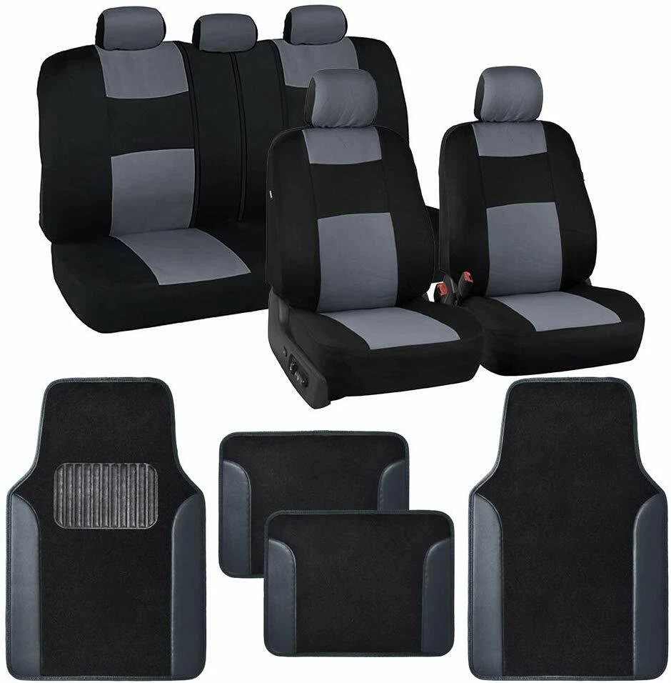 13pc Set Car Seat Covers Protection Set Black / Gray Two Tone Carpet Mats - Imagem 1 de 4