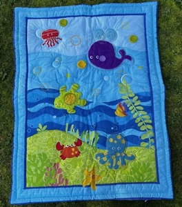 Coperta trapuntata bambino vintage Fisher-Price Ocean Wonders blu profondo mare - Foto 1 di 5