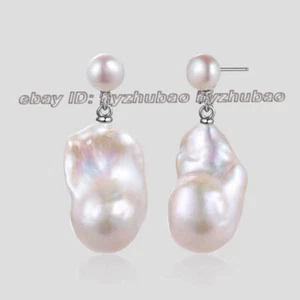 Huge 15-20mm South Sea White Baroque Keshi Pearl Dangle Silver Stud Earrings AAA - Picture 1 of 4