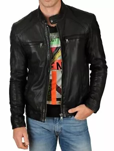Chaqueta de cuero para hombre 100 % genuina piel de cordero negra chaqueta de cuero para motociclista - Imagen 1 de 4