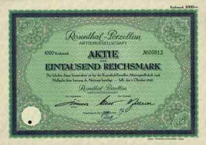 Rosenthal Porzellan 1942 Hutschenreuther Selb Waldershof 1000 RM Oberfranken - Picture 1 of 1