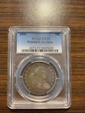 1806-P Pointed 6, No Stem Draped Bust Half Dollar PCGS VF 35 Type 2 Large Eagle Cover