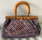 Designer Handbag with Vintage Wooden Handle & Handmade Mauve & Purple Fabric NEW