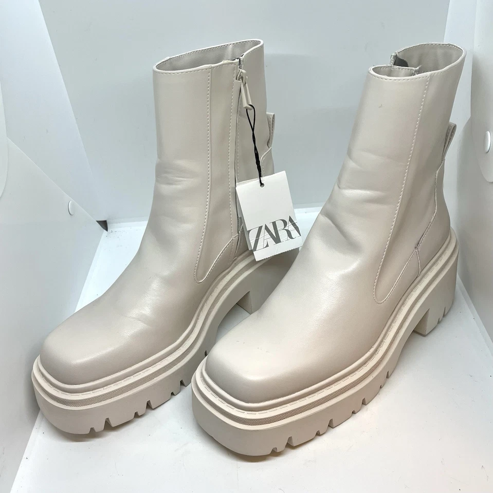 Nuevas botas de combate ZARA de cuero con tacón grueso color crema tostado para mujer 8,5 Foto 1 de 4