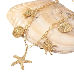 Collar llamativo estilo boutique dorado océano playa tema mujer ☂️ - Imagen 1 de 5