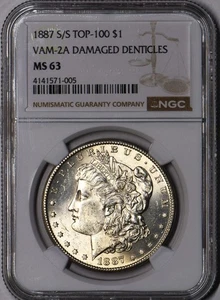 1887-S S/S Top-100 VAM-2A Damaged Denticles Morgan Dollar NGC MS-63 - Picture 1 of 6