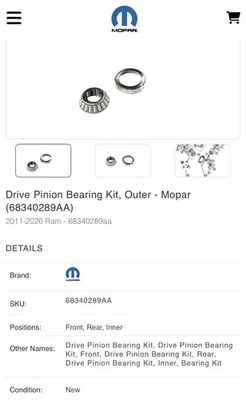 NEW Genuine Mopar 68340289AA Drive Pinion Bearing Kit RAM - Image 1 of 3