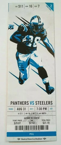 2017 Carolina Panthers vs Pittsburgh Steelers NFL Football Full Ticket Stub Cover