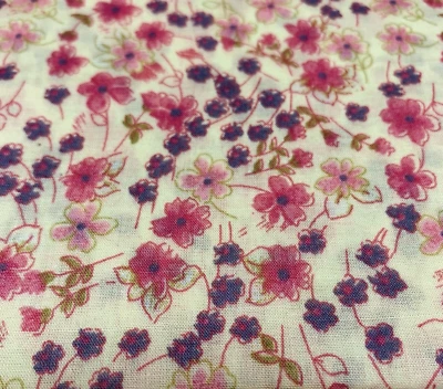OOP Floral Flowy Lawn Fabric Purple Pink Fuchsia Green On Buttery Cream 2 Yards - Image 1 of 4