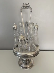 Antikes Castor Cruet Set Meriden Company versilbert 6 geätzte Flaschen Spins LESEN - Bild 1 von 12