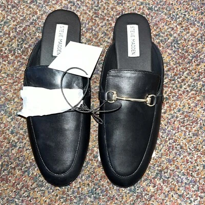 Steve Madden Galilea Cuero DORADO HORSEBIT Negro Mocasín Mulas Diapositivas 7 y 7.5 Foto 1 de 3