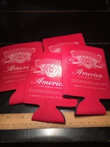 America Beer Koozie - NUEVO Juego de cuatro Red Liberty & Justice For All - Imagen 1 de 8