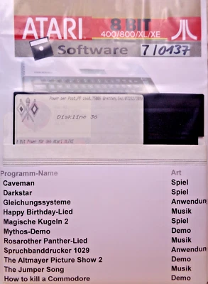 ATARI XL/XE -- CAVEMAN, DARKSTAR, MYTHOS-DEMO,... (RE-VERLAG - DISKLINE 36) - Bild 1 von 2
