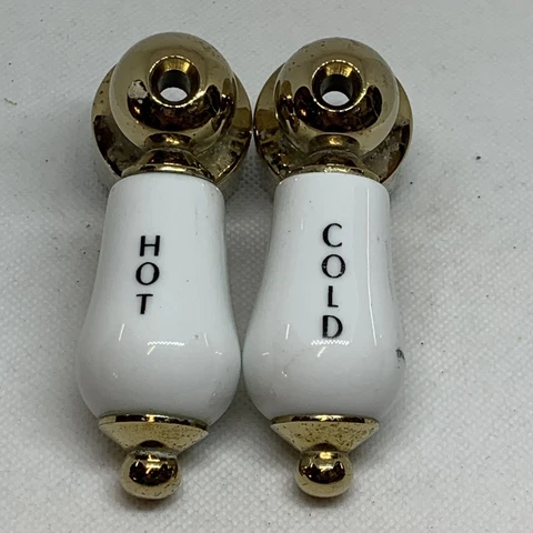 Vintage Antique Set Of 2 Faucet Levers White Brass Porcelain Hot & Cold Handle Cover
