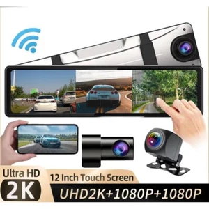 3 Channels 2K Dash Cam Mirror 12 Inch Touch Screen Rearview WIFI Video Recorder - Picture 1 of 15