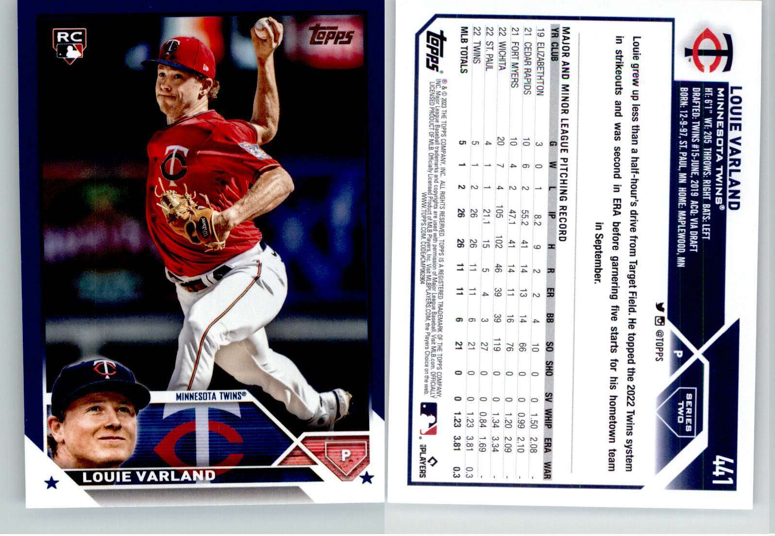 Louie Varland 2023 Topps Royal Blue #441 Twins RC Rookie