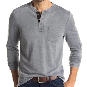 Mens Henley Long Sleeve Casual T-Shirt with Pocket Button Placket Fitted Tees - Picture 1 of 21