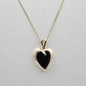 18" 14K Yellow Gold Stylized Heart Black Onyx Cutout Pendant Necklace w/ Chain - Picture 1 of 12