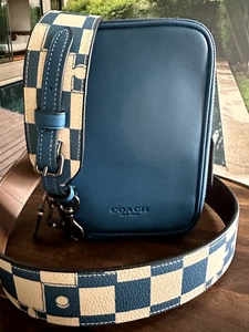COACH CR307 Stanton Crossbody Checkerboard Print Leather Bag Blue Jay/Chalk - Picture 1 of 12