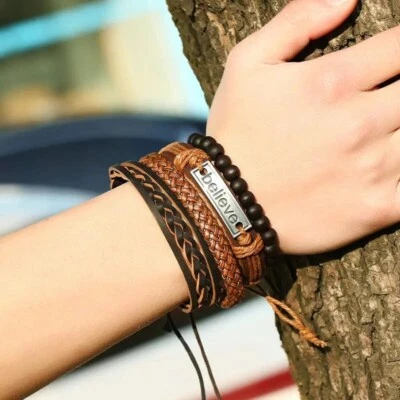 Juego de 4 PIEZAS Pulsera de Cuero PU Marrón Believe Cuentas de Madera Ajustable Unisex Foto 1 de 4
