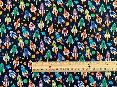 Space Rocket Ships Galaxy Planets for boys FQ Cotton Fabric great for Masks etc. - Image 1 of 2