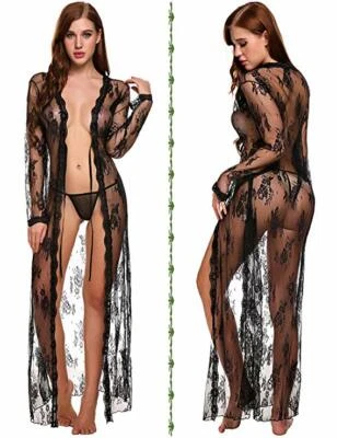 Mujeres Sexy Largo Encaje Kimono Bata Lencería Pestañas Babydoll Transparente Vestido de Encubrimiento Foto 1 de 4