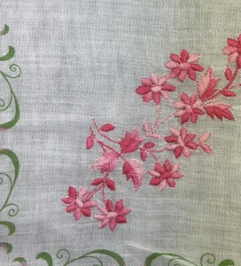 Vintage Lady’s Handkerchief Green Leaf Border Embroidered Pink Flowers Hanky - Picture 1 of 5