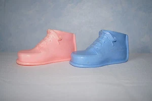 Lot of 2 Jumping Jacks blue pink baby shoe piggy banks Harringtons O'Briens WI - Picture 1 of 11