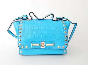 Brand New Womens Genuine Leather Rivet Messenger/Shoulder Handbag Sky Blue - Picture 1 of 12