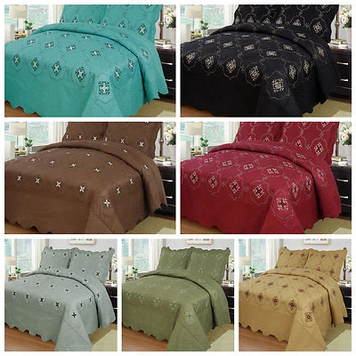 3Pcs Embroidery Quilts Bedspreads Set Bedding Coverlet Set Queen King Size, Emma