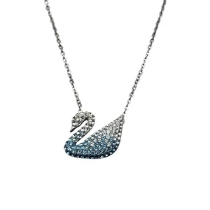 Swarovski Iconic Swan Pendant Necklace Medium Blue Rhodium Plated Chain - Picture 1 of 15