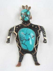 Mangas Slinkey Navajo 14K Sterling Silver Turquoise Native Brooch Pin Pendant - Picture 1 of 7