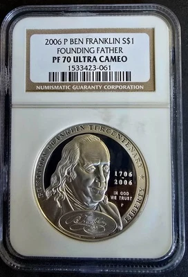 2006-P Ben Franklin Founding Father Silver Dollar Commemorative Coin NGC PF70 - Image 1 of 2