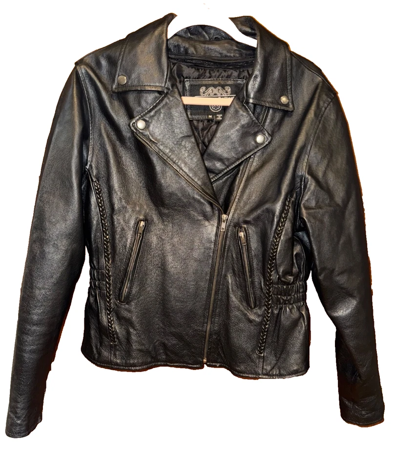 Leather Gallery Mujer Mediana Negro Cuero Moto Chaqueta Trenzado Acentos Cremalleras Foto 1 de 4