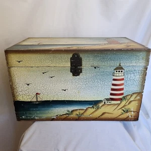 Nautical Trunk Chest Vintage Wooden Lighthouse Sailboat Hinged Handles - Picture 1 of 15