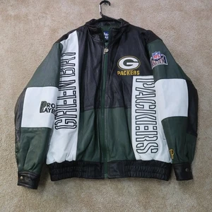 Vintage Green Bay Packers Leather Jacket Black White NFL Pro Player 90s Large - Picture 1 of 14