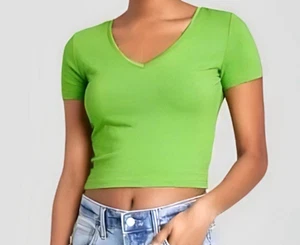 Wild Fable Womens Cropped Top V Neck Green Short Sleeve Size L Cotten Blend NEW! - Picture 1 of 7