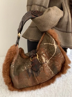 DESMO Handbag Genuine Leather Brown & Gold Tone Fur Made In Italy Women’s - Image 1 of 4