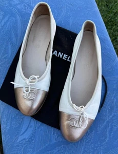 Chanel Ballerina Flats White Gold Cap Toe Size 39 Fits US 7.5-8 US Buyers Read - Picture 1 of 24