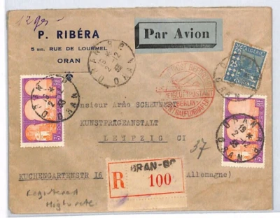 France ALGERIA Cover 1933 Registered *GERMANY AIR MAIL* Leipzig MARSEILLES YV256 - Image 1 of 4