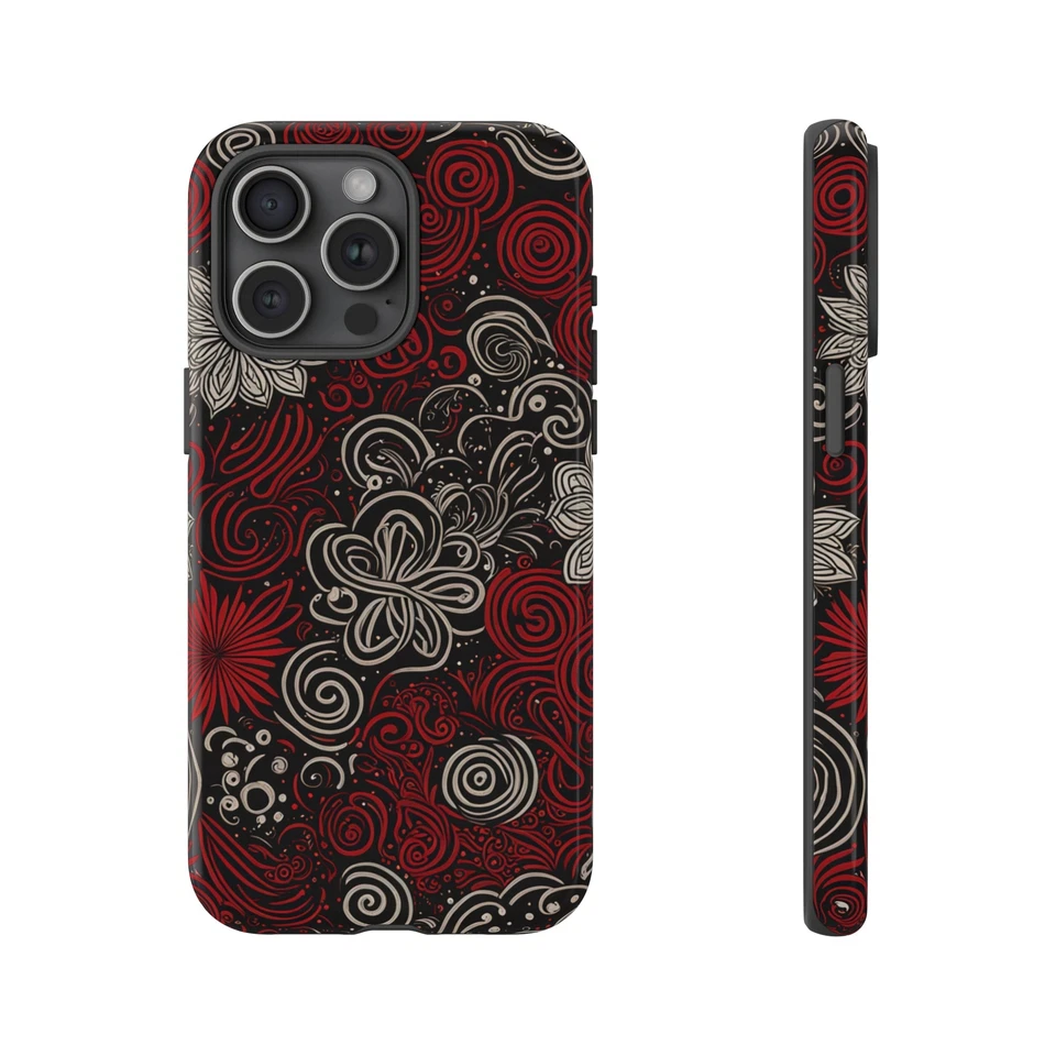 Funda de teléfono con remolino floral negra y roja - iPhone y Android Foto 1 de 1
